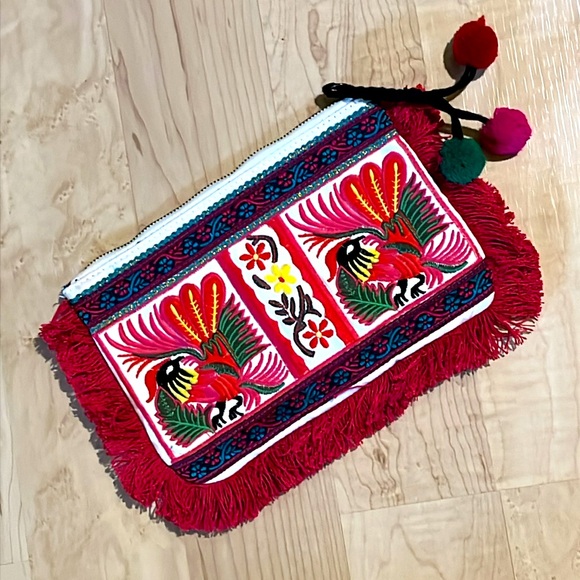 Embroidered Boho Fringe Clutch - Red and Green with Pom Poms on zipper - Picture 1 of 7